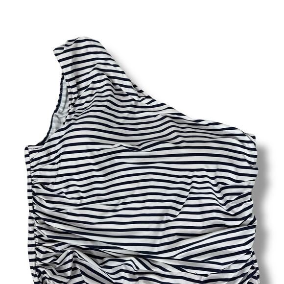 J Crew One Shoulder One Piece‎ Swimsuit Womens Plus 22 Navy White Stripe - Picture 6 of 7